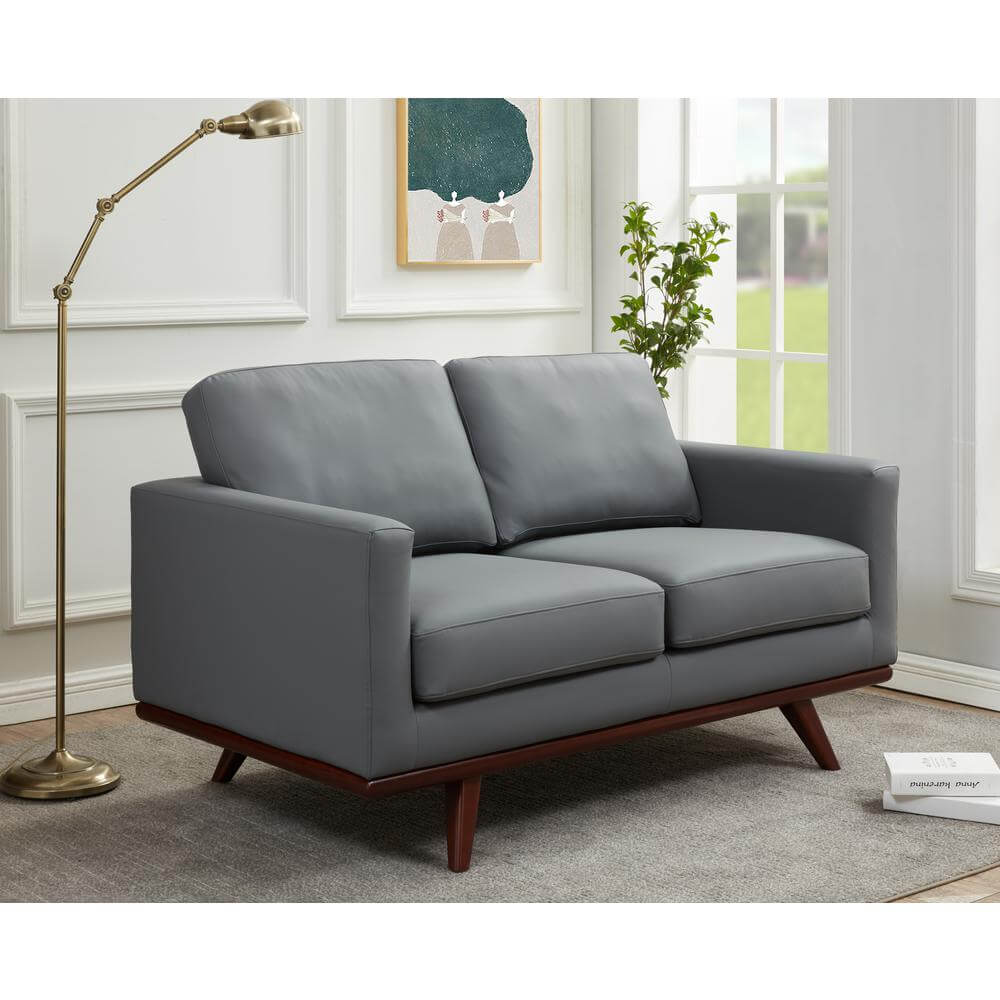 Chester MCM Faux Leather Loveseat Sofa 58" – Mid-Century Modern Compact Couch (5 Colors) in grey interior setting.