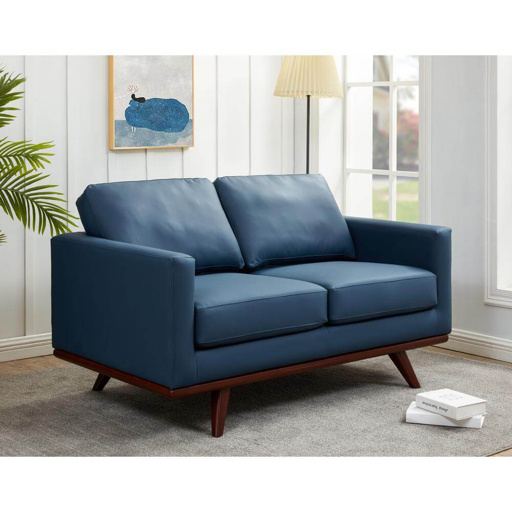 Chester MCM Faux Leather Loveseat Sofa 58" – Mid-Century Modern Compact Couch (5 Colors) in navy blue