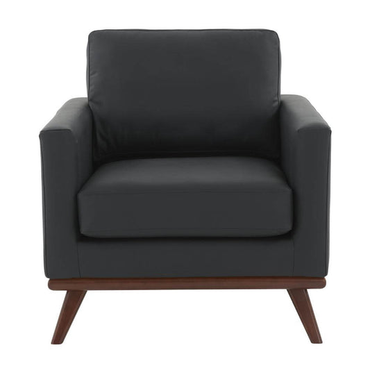 Chester MCM Faux Leather Accent Chair – Mid-Century Modern Armchair (5 Colors) in dark fabric with wooden legs.