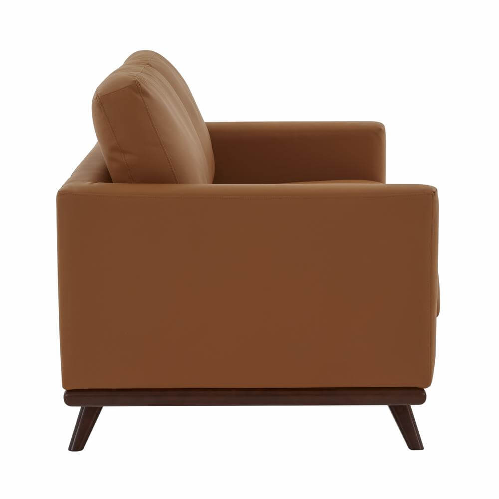 Chester MCM Faux Leather Loveseat Sofa 58" – Mid-Century Modern Compact Couch (5 Colors) side view with brown faux leather.