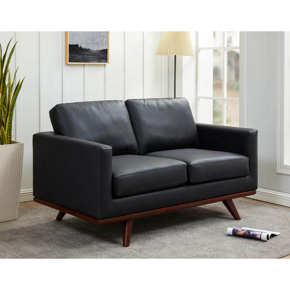 Chester MCM Faux Leather Loveseat Sofa 58" – Mid-Century Modern Compact Couch (5 Colors) in black upholstery.