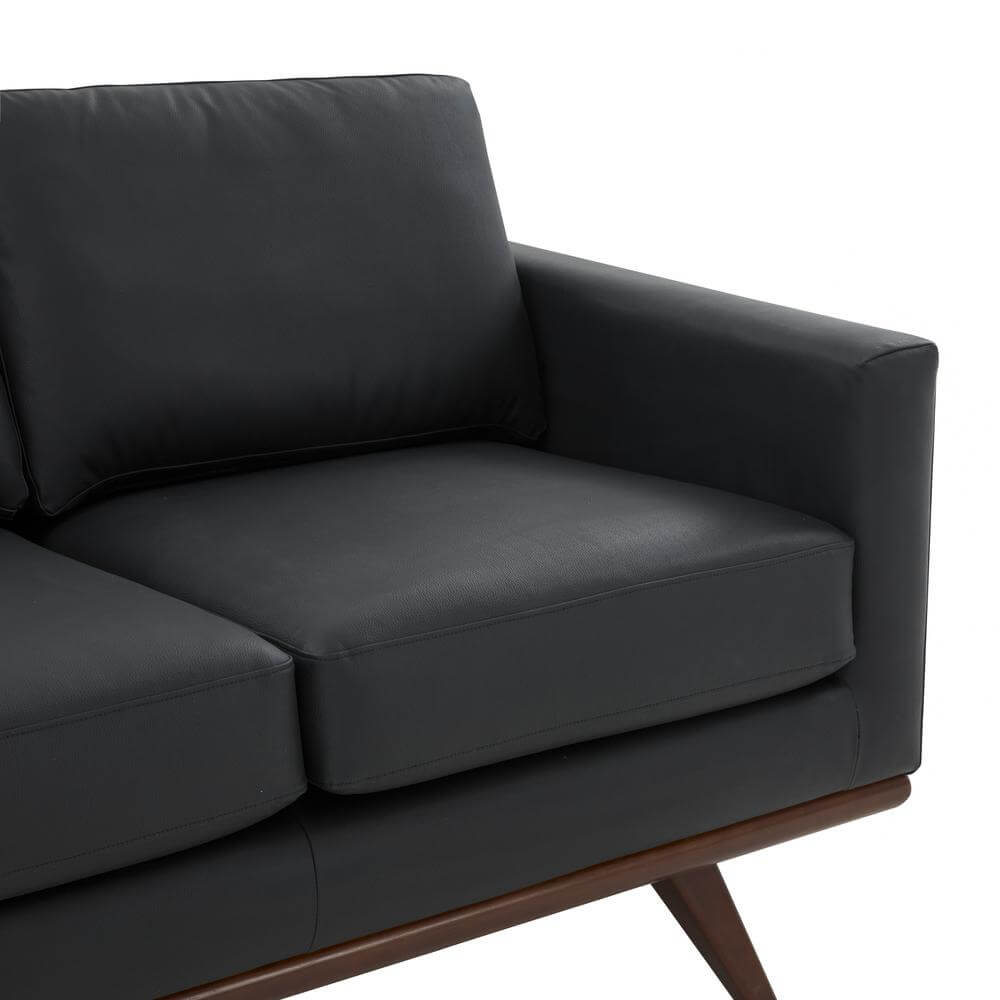 Chester MCM Faux Leather Loveseat Sofa 58" – Mid-Century Modern Compact Couch (5 Colors) close-up view of black upholstery.