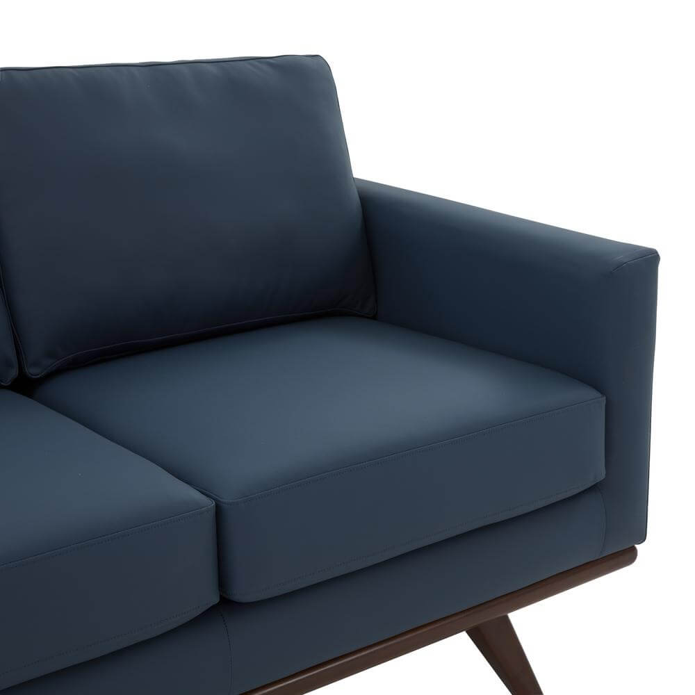 Chester MCM Faux Leather Loveseat Sofa 58" – Mid-Century Modern Compact Couch (5 Colors) in navy blue upholstery.