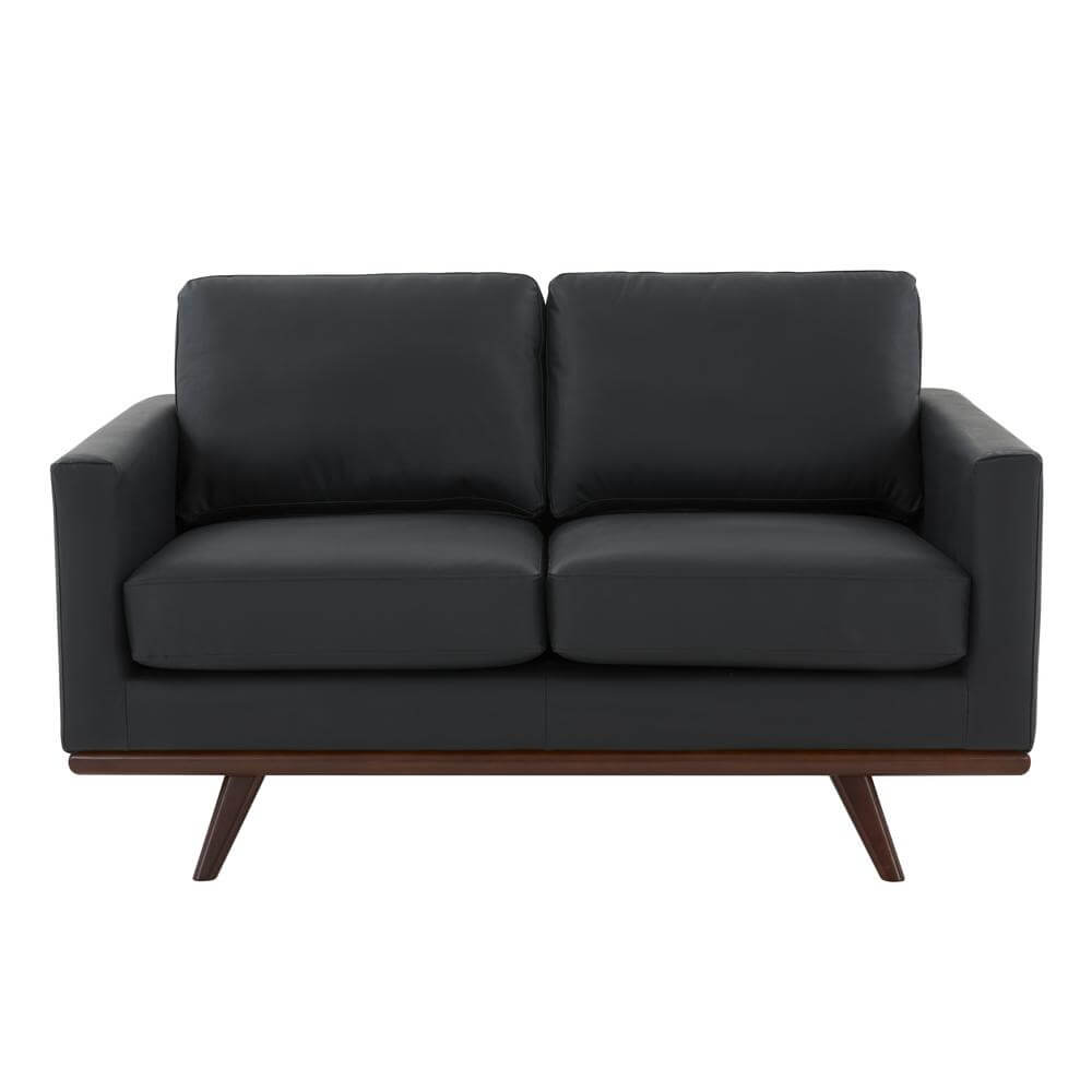 Chester MCM Faux Leather Loveseat Sofa 58" – Mid-Century Modern Compact Couch (5 Colors) in dark leather with wood legs.