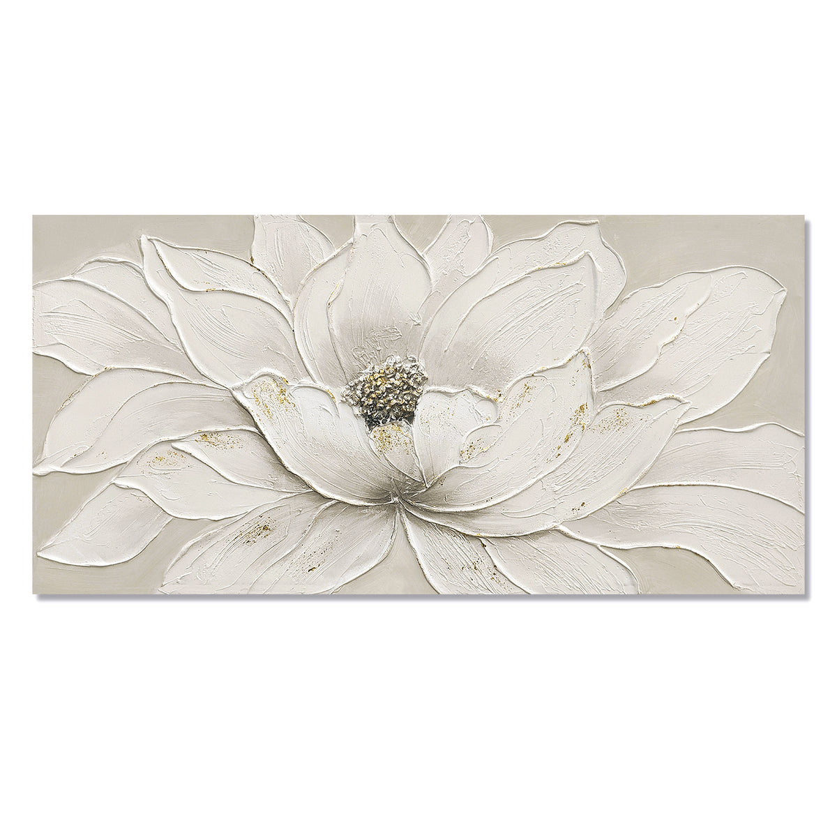 24x48 White Lotus Flower Canvas Wall Art, Hand-Painted Textured Floral Painting with Gold Foil & Stone Center