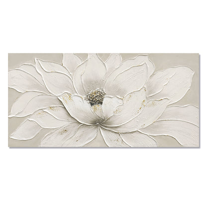 24x48 White Lotus Flower Canvas Wall Art, Hand-Painted Textured Floral Painting with Gold Foil & Stone Center