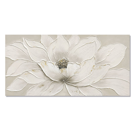 24x48 White Lotus Flower Canvas Wall Art, Hand-Painted Textured Floral Painting with Gold Foil & Stone Center