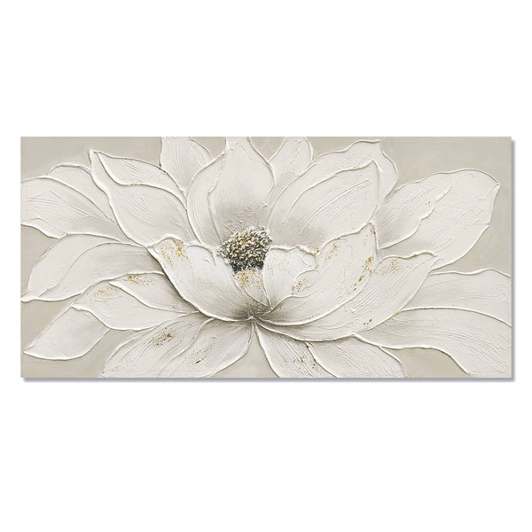 24x48 White Lotus Flower Canvas Wall Art, Hand-Painted Textured Floral Painting with Gold Foil & Stone Center