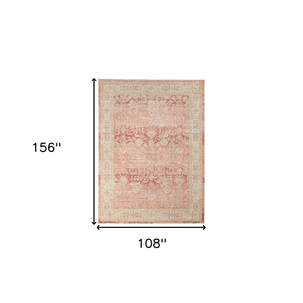 Salmon And Tan Floral Area Rug | 9' x 13' dimensions shown with size 156'' x 108'' for easy styling and placement.