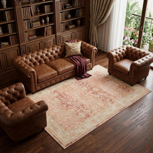 Salmon And Tan Floral Area Rug | 9' x 13' under leather sofa and chairs in a warm living room setting.