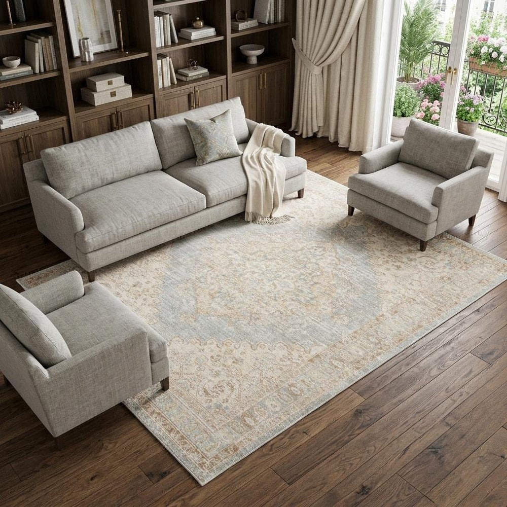 Tan And Gray Medallion Distressed Area Rug