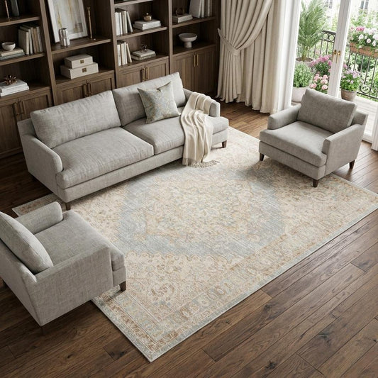 Tan And Gray Medallion Distressed Area Rug | 9' x 13'