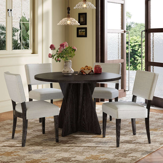 Round Espresso Wood Dining Table w/ Set of 4 Chairs 47' in a bright dining space with flowers and natural light.