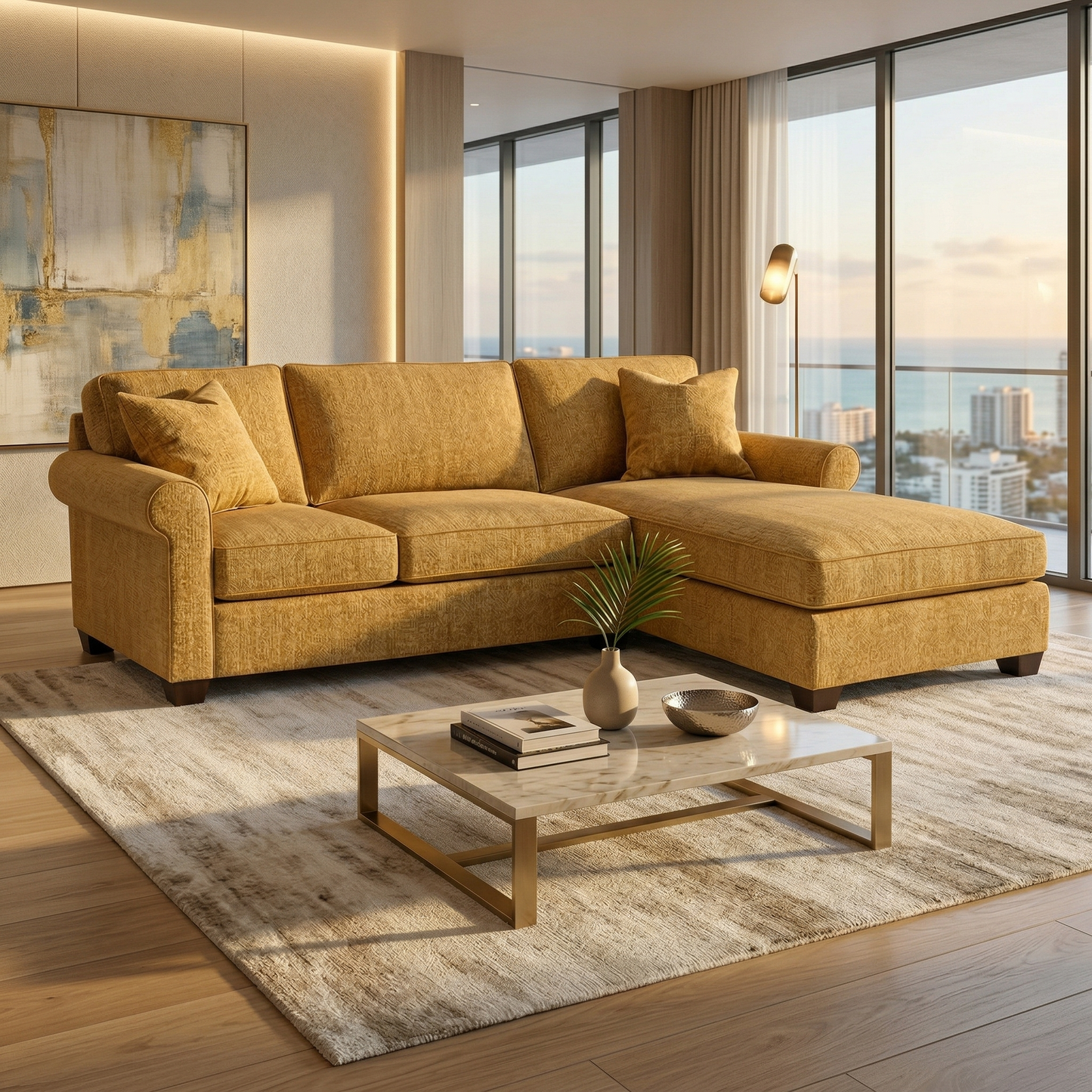 Irlanda Upholstered L-Shaped Sectional – 120" Made-in-USA Sectional Sofa - Hepburn Chai Tea Yellow Fabric (1)