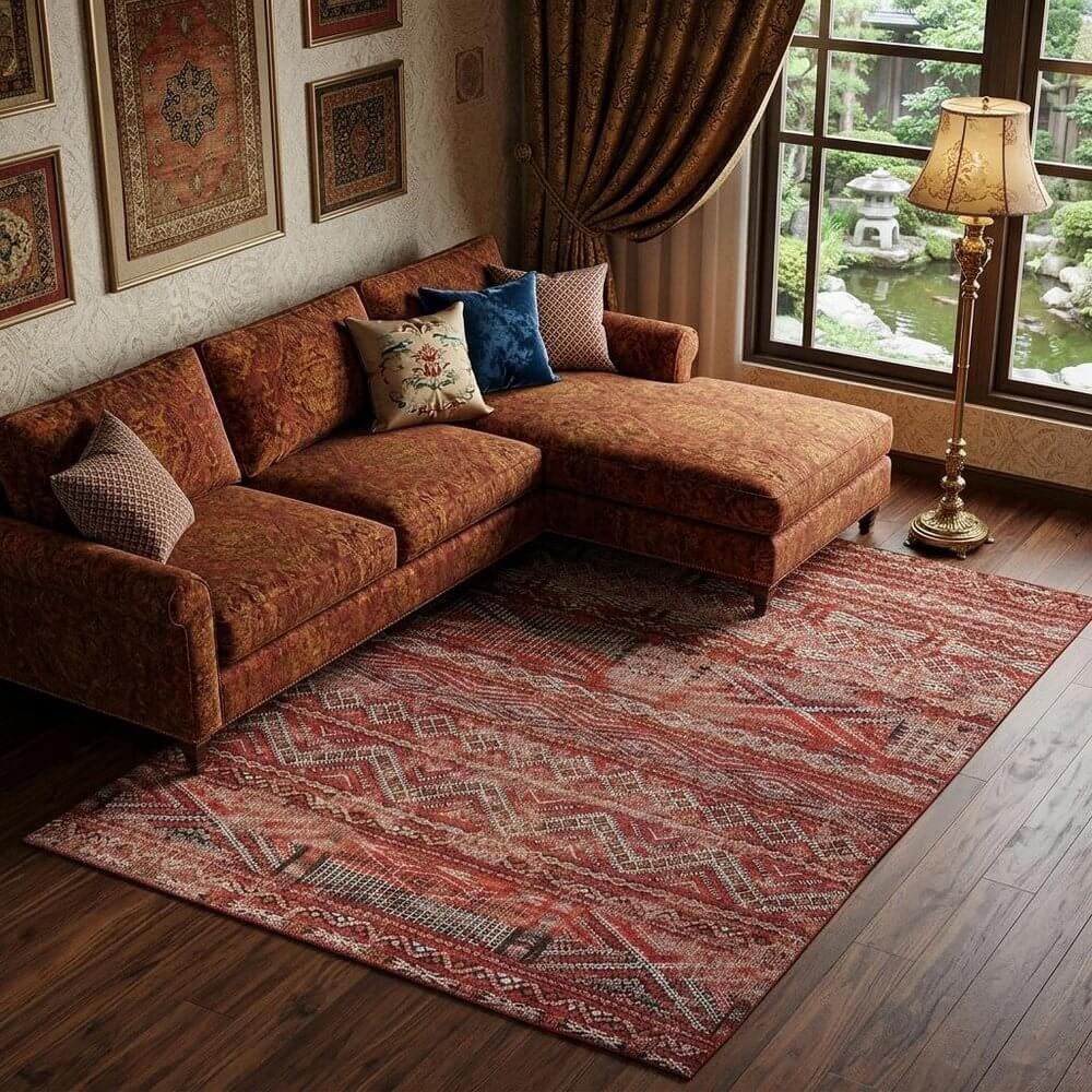 Red and Gray Oriental Non Skid Area Rug | 9' x 13' displayed in a cozy living room setting.