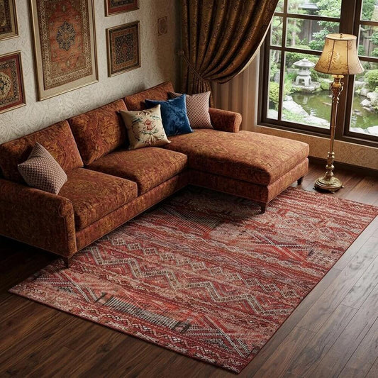 Red and Gray Oriental Non Skid Area Rug | 9' x 13' displayed in a cozy living room setting.
