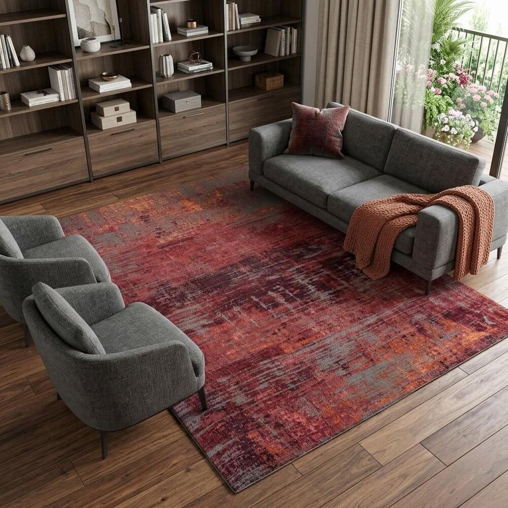 Red and Gray Abstract Non Skid Area Rug | 9' x 13' in a contemporary living room setting.
