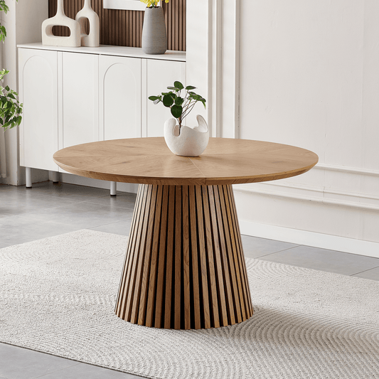 47-Inch Modern Round Dining Table for 4 – Natural Wood Kitchen & Dining Table with Slatted Base