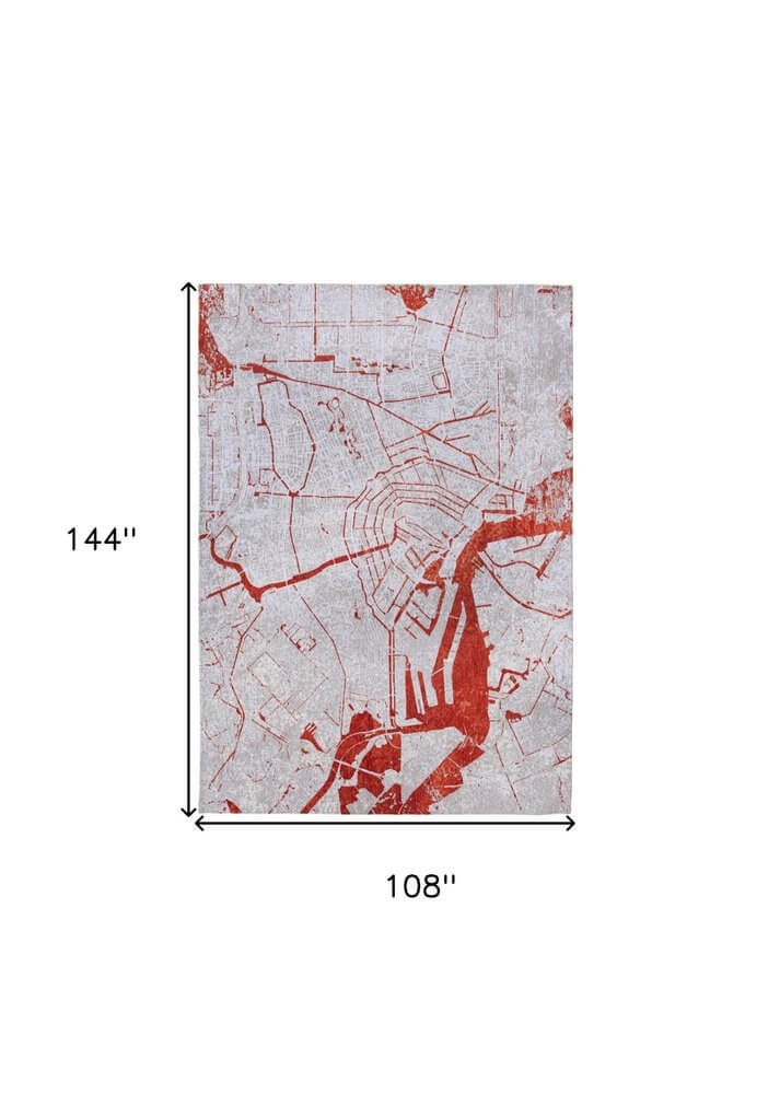 Red and White Abstract Non Skid Area Rug | 9' x 13' showcased with dimensions of 144 inches by 108 inches.