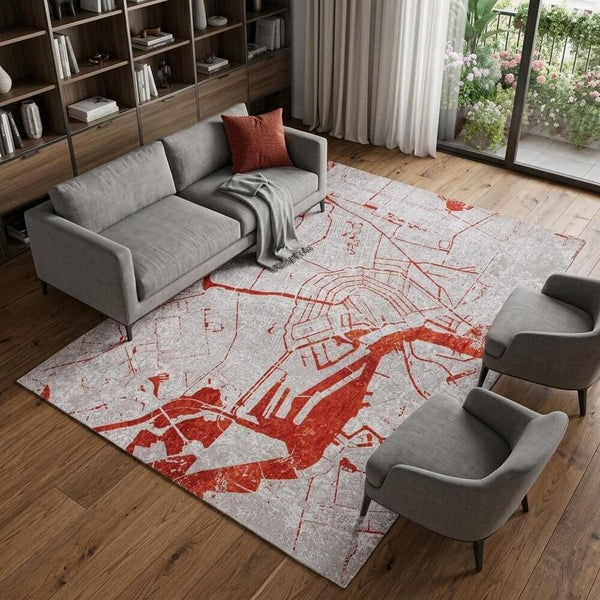 Red and White Abstract Non Skid Area Rug | 9' x 13' in a modern living room setting with light grey furniture.