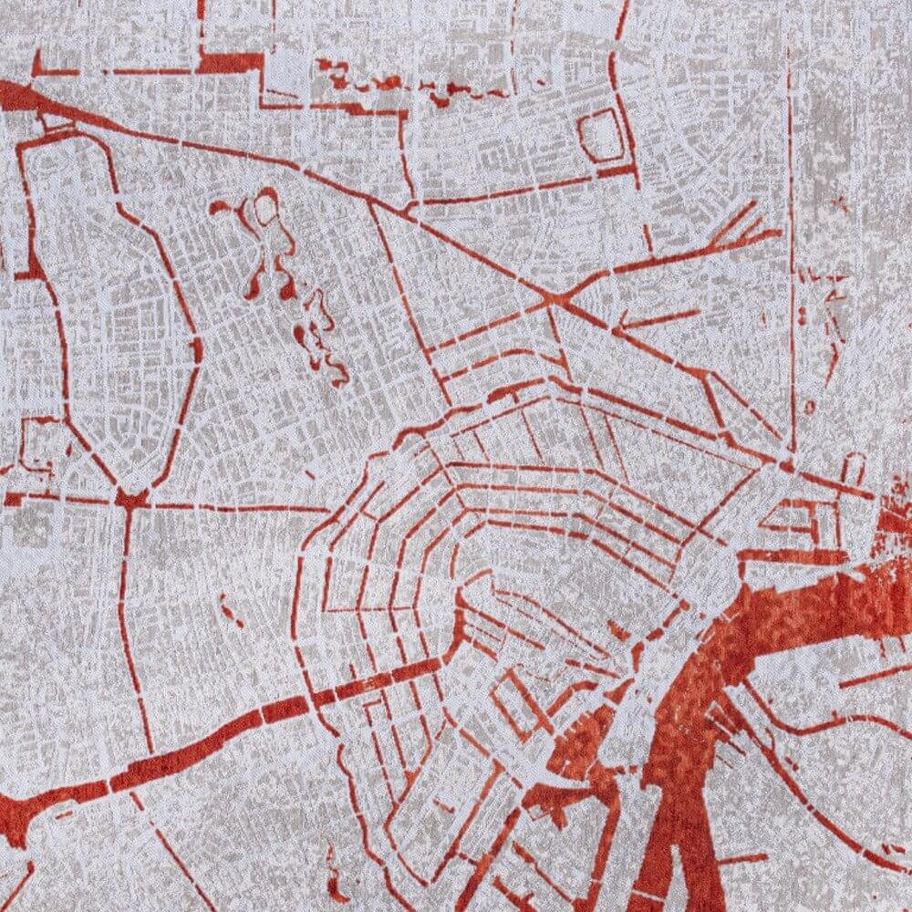 Red and White Abstract Non Skid Area Rug | 9' x 13' featuring a contemporary map design.