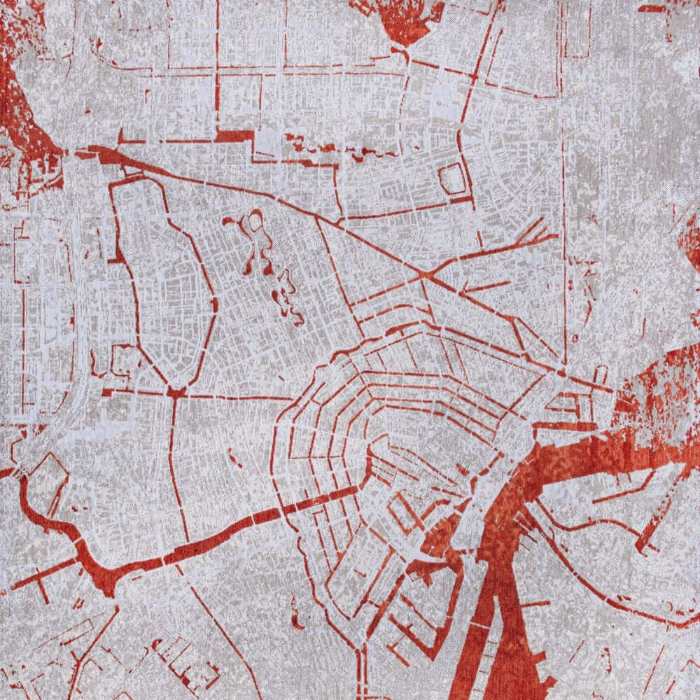 Red and White Abstract Non Skid Area Rug | 9' x 13' art print featuring an urban map design.