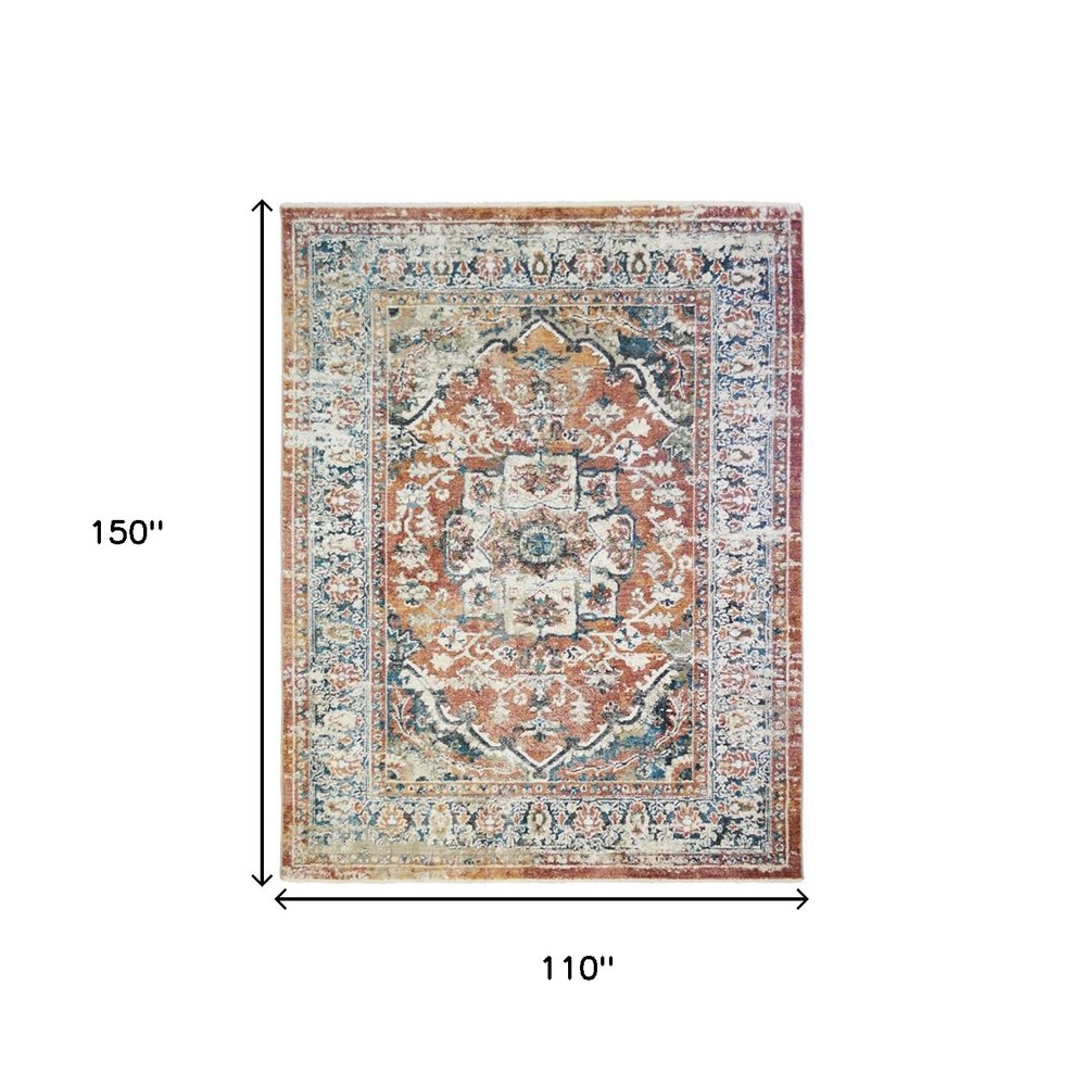 Rust Oriental Distressed Area Rug With Fringe Area Rug | 9' x 13' displayed with dimensions 110" x 150".