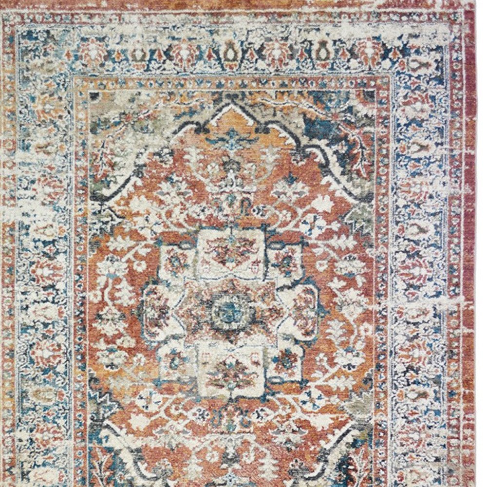 Rust Oriental Distressed Area Rug With Fringe Area Rug | 9' x 13' showing detailed classic pattern and rich texture.