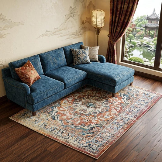 Rust Oriental Distressed Area Rug With Fringe Area Rug | 9' x 13' featured under blue sectional sofa in a stylish room.