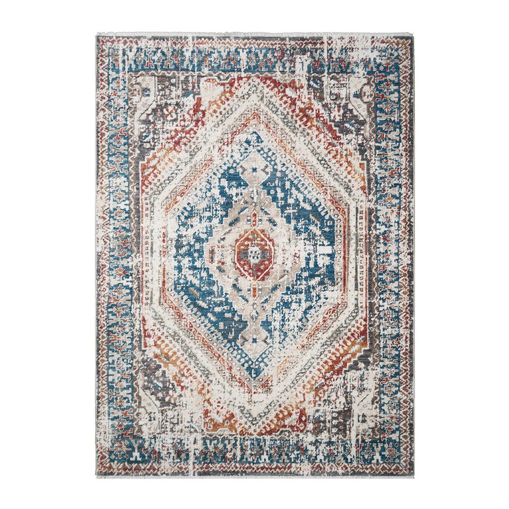Teal Taupe and Rust Geometric Distressed Area Rug With Fringe Area Rug | 9' x 13'