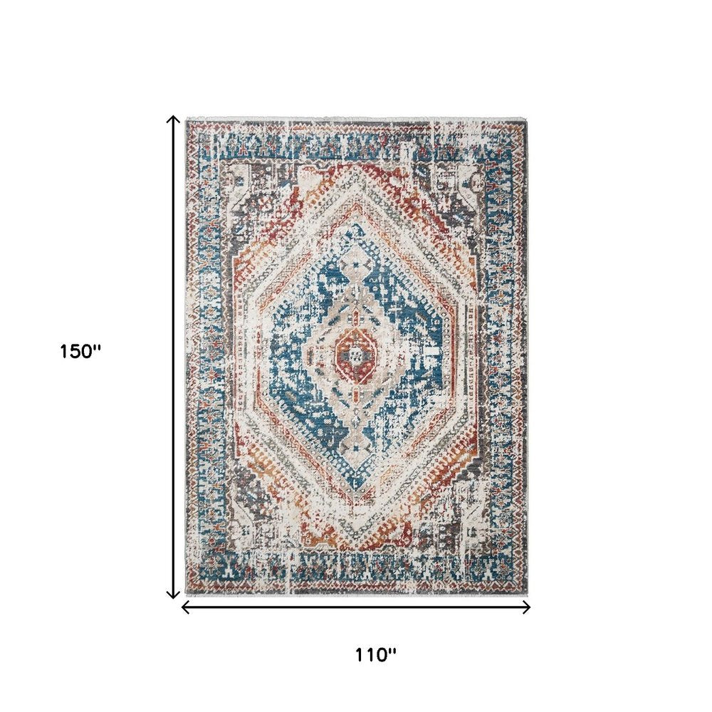 Teal Taupe and Rust Geometric Distressed Area Rug With Fringe Area Rug | 9' x 13'