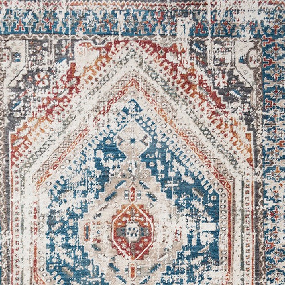 Teal Taupe and Rust Geometric Distressed Area Rug With Fringe Area Rug | 9' x 13'