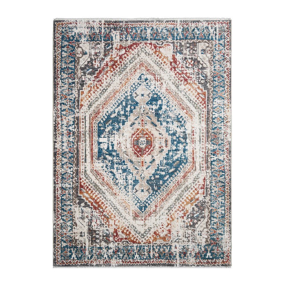 Teal Taupe and Rust Geometric Distressed Area Rug With Fringe Area Rug | 9' x 13'