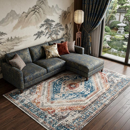 Teal Taupe and Rust Geometric Distressed Area Rug With Fringe Area Rug | 9' x 13'