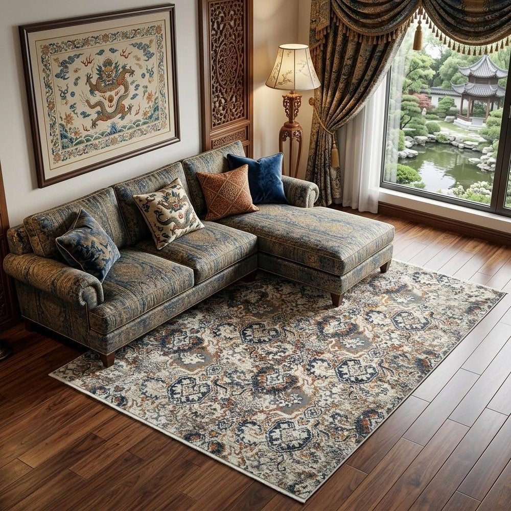 Rust Oriental Distressed Area Rug With Fringe Area Rug | 9' x 13' in a stylish living room setting.