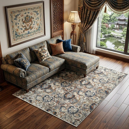 Rust Oriental Distressed Area Rug With Fringe Area Rug | 9' x 13' in a stylish living room setting.