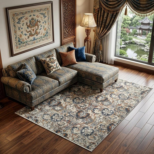 Rust Oriental Distressed Area Rug With Fringe Area Rug | 9' x 13' in a stylish living room setting.