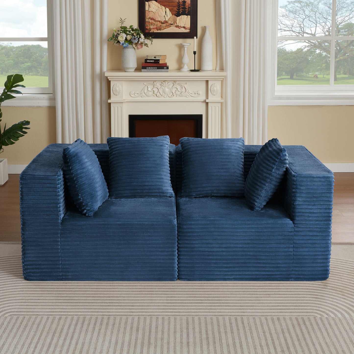 Abernathy Blue Corduroy Modular Sofa – 2-Seat Boneless Compressed Couch