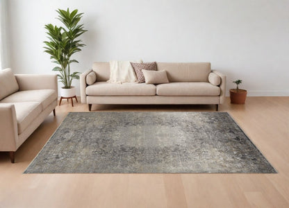 Tan and Gray Oriental Power Loom Worn Faded Area Rug | 9' x 13'