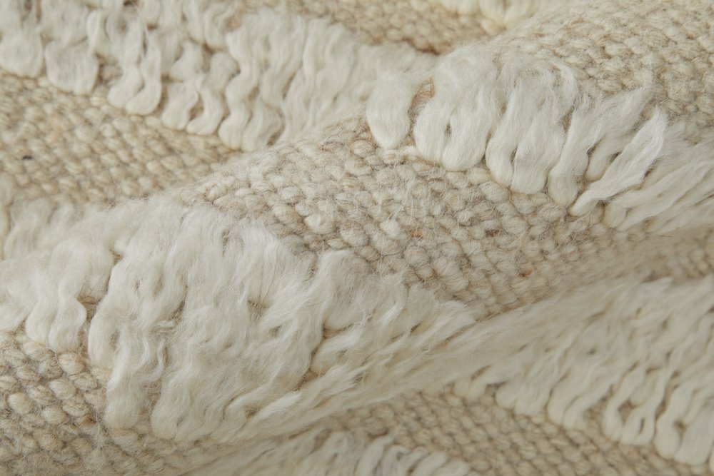 White and Tan Wool Striped Hand Woven Area Rug | 9' x 13'