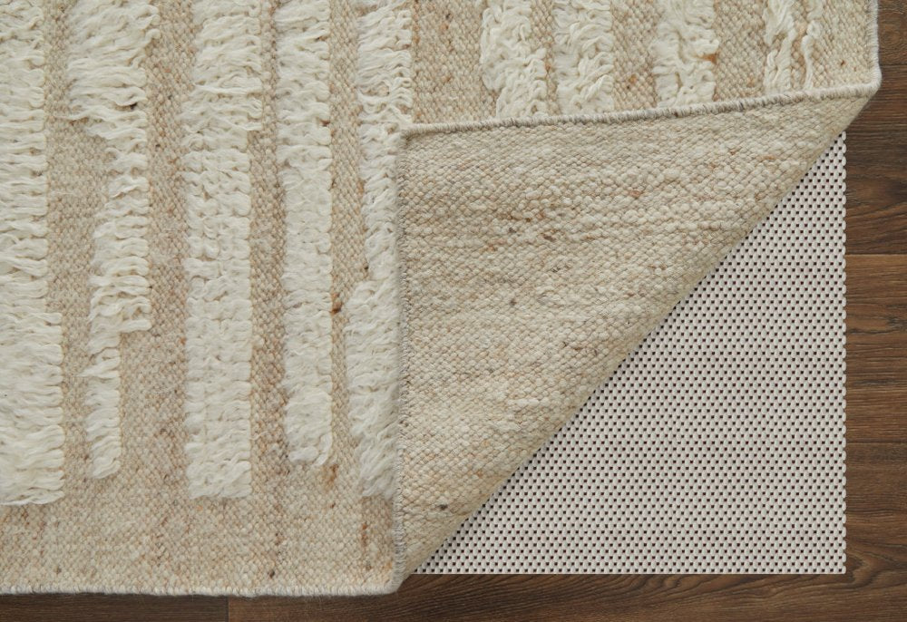 White and Tan Wool Striped Hand Woven Area Rug | 9' x 13'