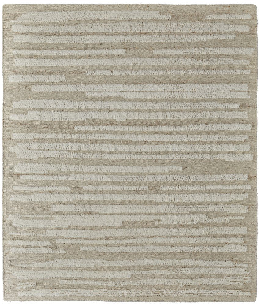 White and Tan Wool Striped Hand Woven Area Rug | 9' x 13'