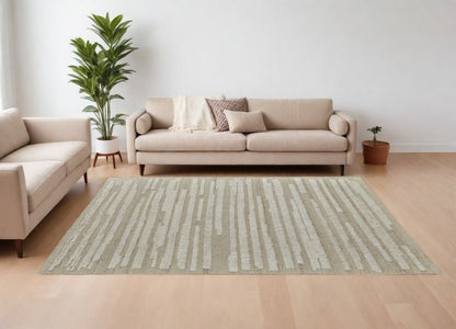 White and Tan Wool Striped Hand Woven Area Rug | 9' x 13'