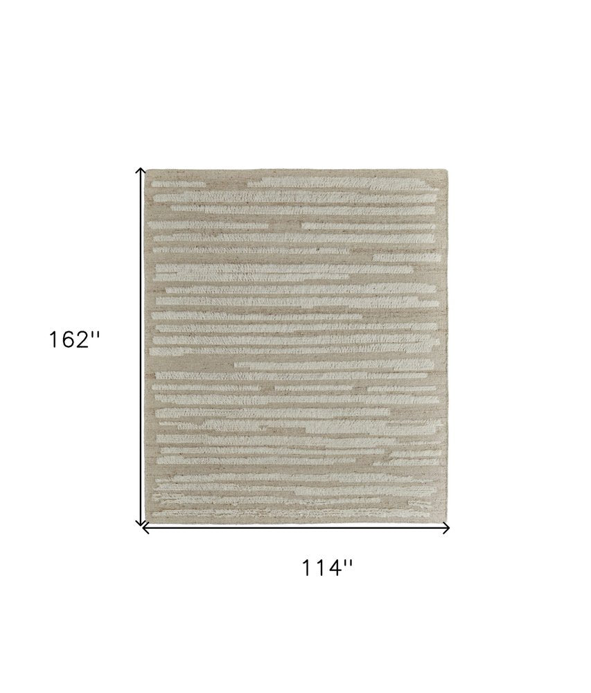 White and Tan Wool Striped Hand Woven Area Rug | 9' x 13'