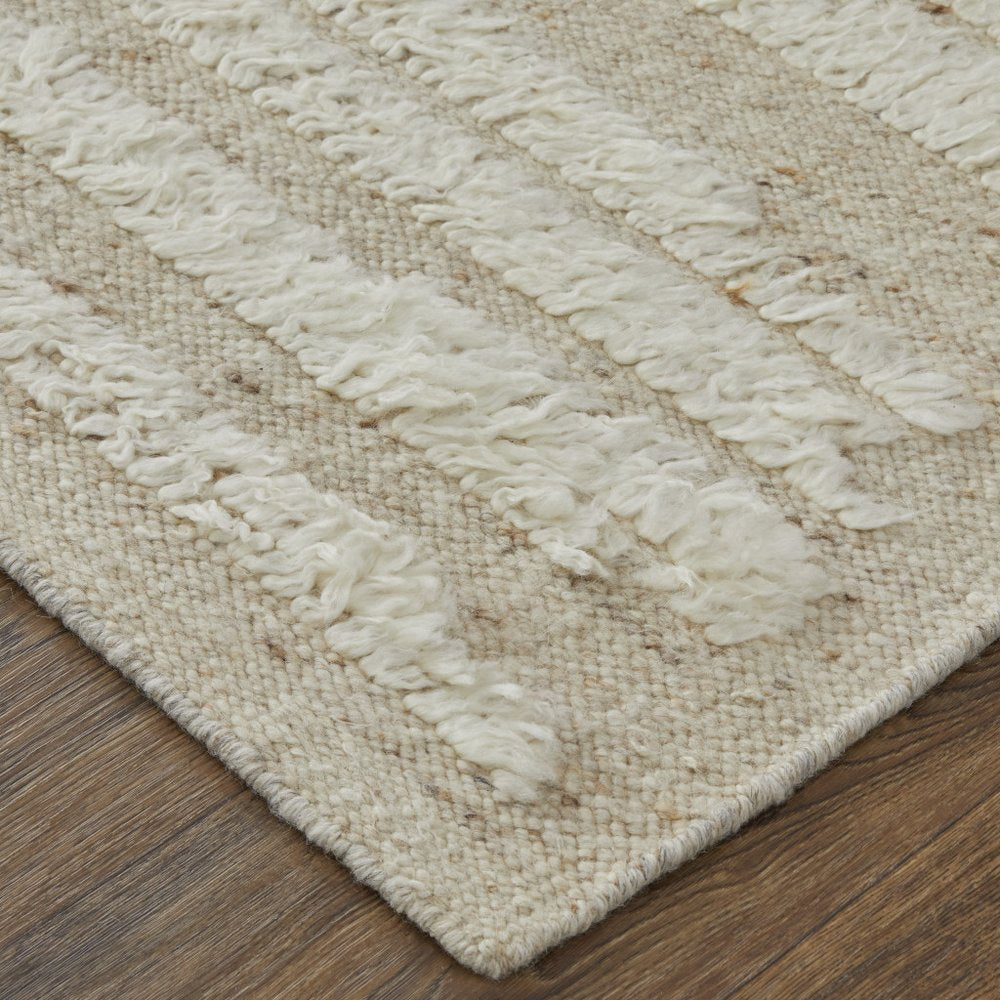 White and Tan Wool Striped Hand Woven Area Rug | 9' x 13'