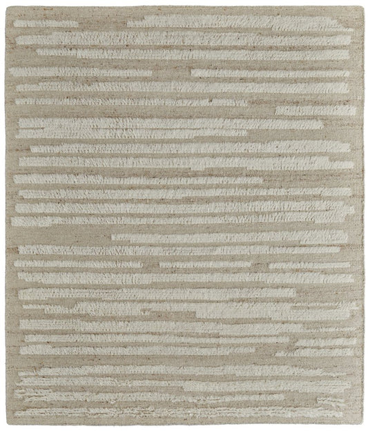 White and Tan Wool Striped Hand Woven Area Rug