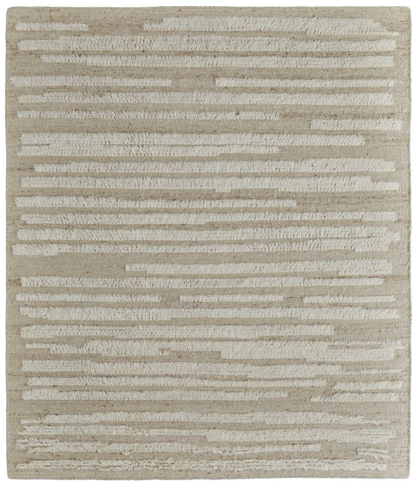 White and Tan Wool Striped Hand Woven Area Rug | 9' x 13'