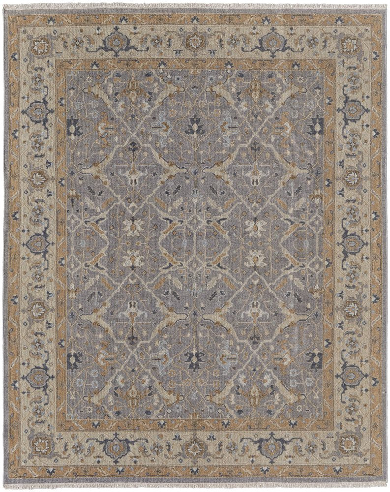 Tan and Gray Wool Oriental Hand Knotted Area Rug With Fringe Area Rug | 9' x 13'