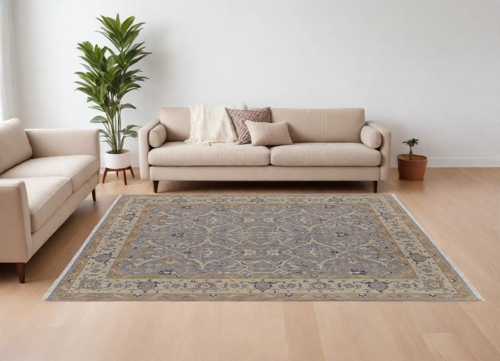 Tan and Gray Wool Oriental Hand Knotted Area Rug With Fringe Area Rug | 9' x 13'