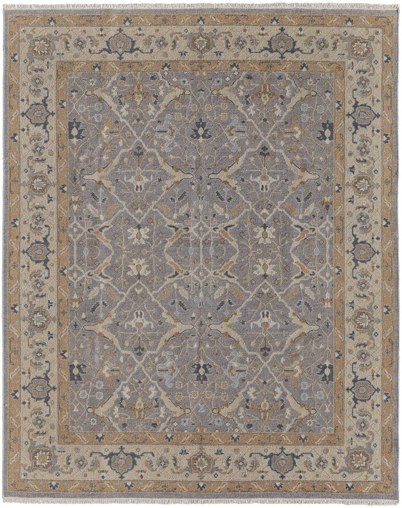 Tan and Gray Wool Oriental Hand Knotted Area Rug With Fringe Area Rug | 9' x 13'